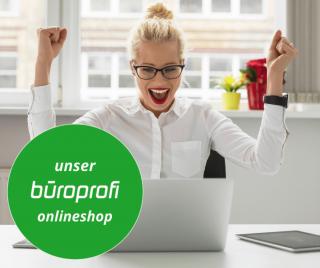 Frau bestellt online und freut sich. Link zu unserem Büroprofi Shop.