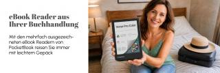 Frau mit PocketBook. Link zu unserer eBook Reader Info.